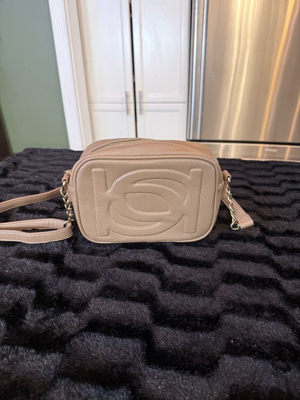 bebe Pebbled Taupe Crossbody with Embossed Logo